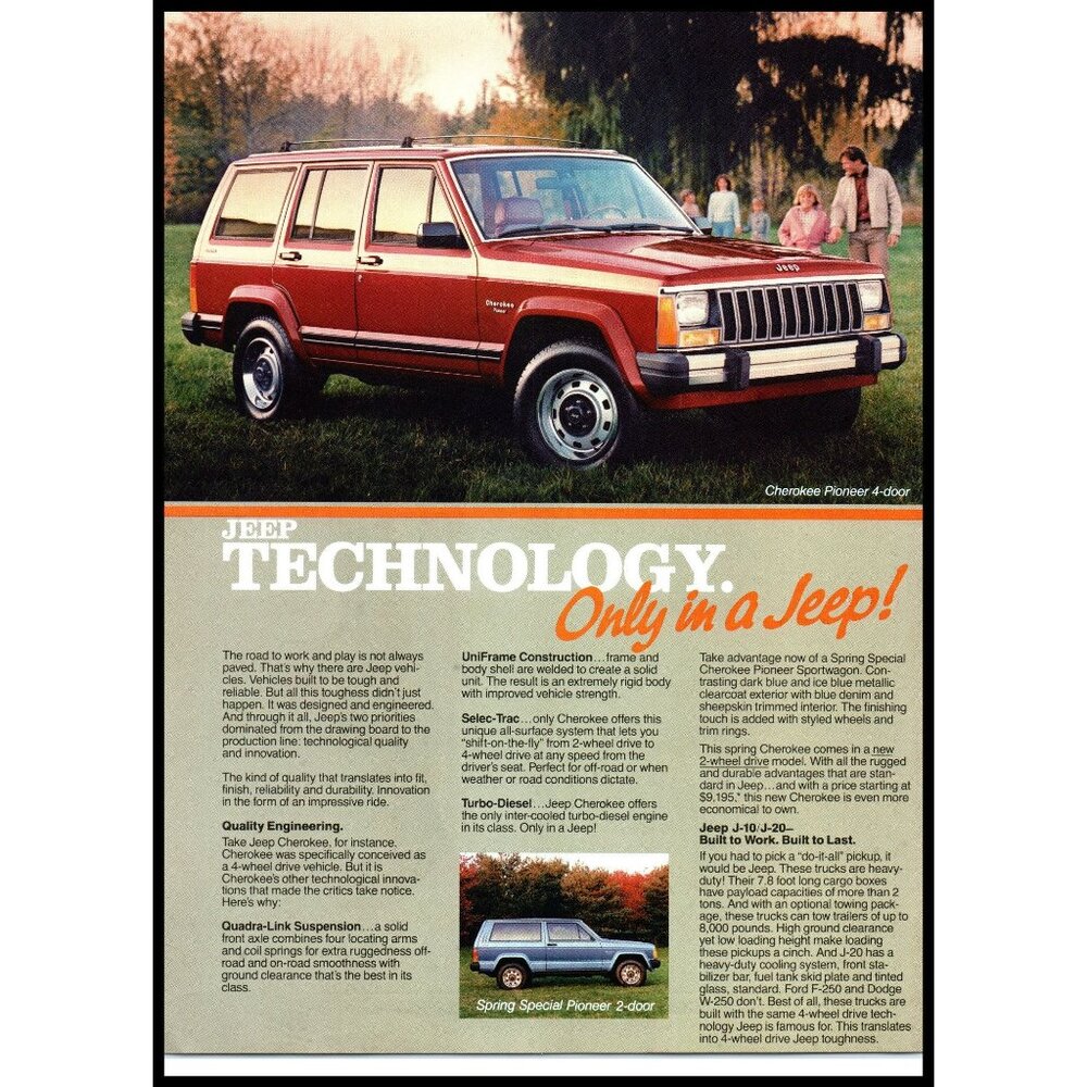 1985 Jeep Cherokee Pioneer 4 Door 2 Page Vintage Print Ad Family Picnic Wall Art
